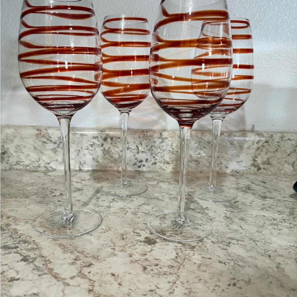 Retired Pier 1 Red swirl line 10” tall wine glasses set of 4